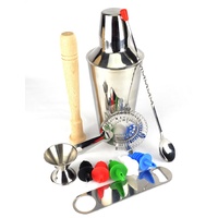 10 PIECE COCKTAIL SHAKER SET WITH COULOURED POURERS AND A FREE BAR BLADE