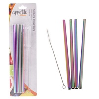 APPETITO SET 4 STRAIGHT METALLIC RAINBOW STAINLESS STEEL STRAWS + CLEANING BRUSH