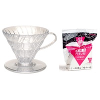 HARIO V60 - 01 PLASTIC COFFEE DRIPPER WITH 100 FILTER PAPERS. INCLUDES A FREE MEASURING CUP