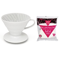 HARIO V60 - 01 CERAMIC COFFEE DRIPPER WITH 100 FILTER PAPERS. INCLUDES A FREE MEASURING CUP